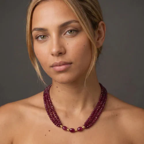 Collier multi-rangs en rubis synthétique et acier inoxydable doré ScooBijou