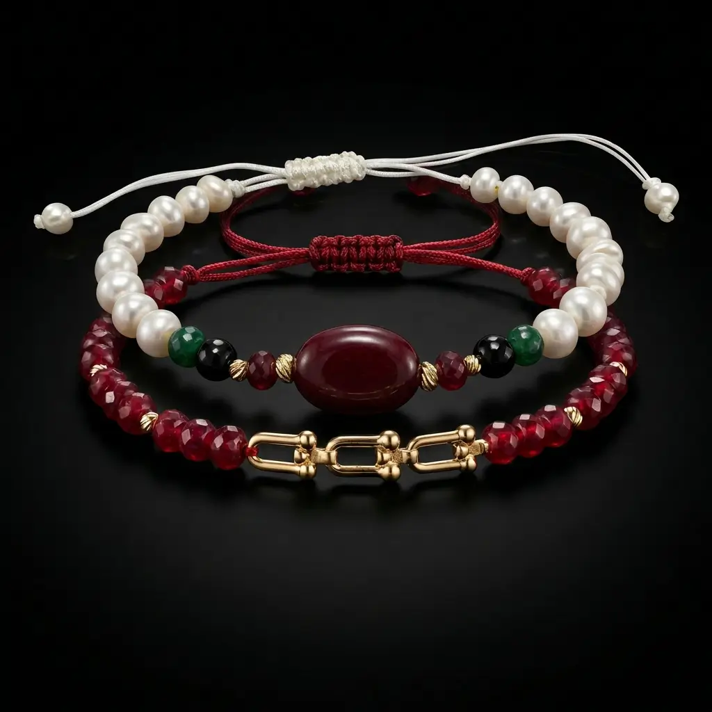 Duo de bracelets ajustables en macramé avec véritables perles d'eau douce, émeraude synthétique, pierres rouges et finitions en or 18K dans un écrin noir.