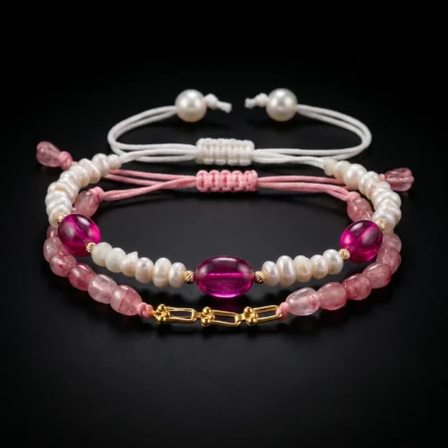 Duo de bracelets ajustables en macramé rose et blanc avec véritables perles d'eau douce, pierres de tourmaline rose et maillons en or 18K.