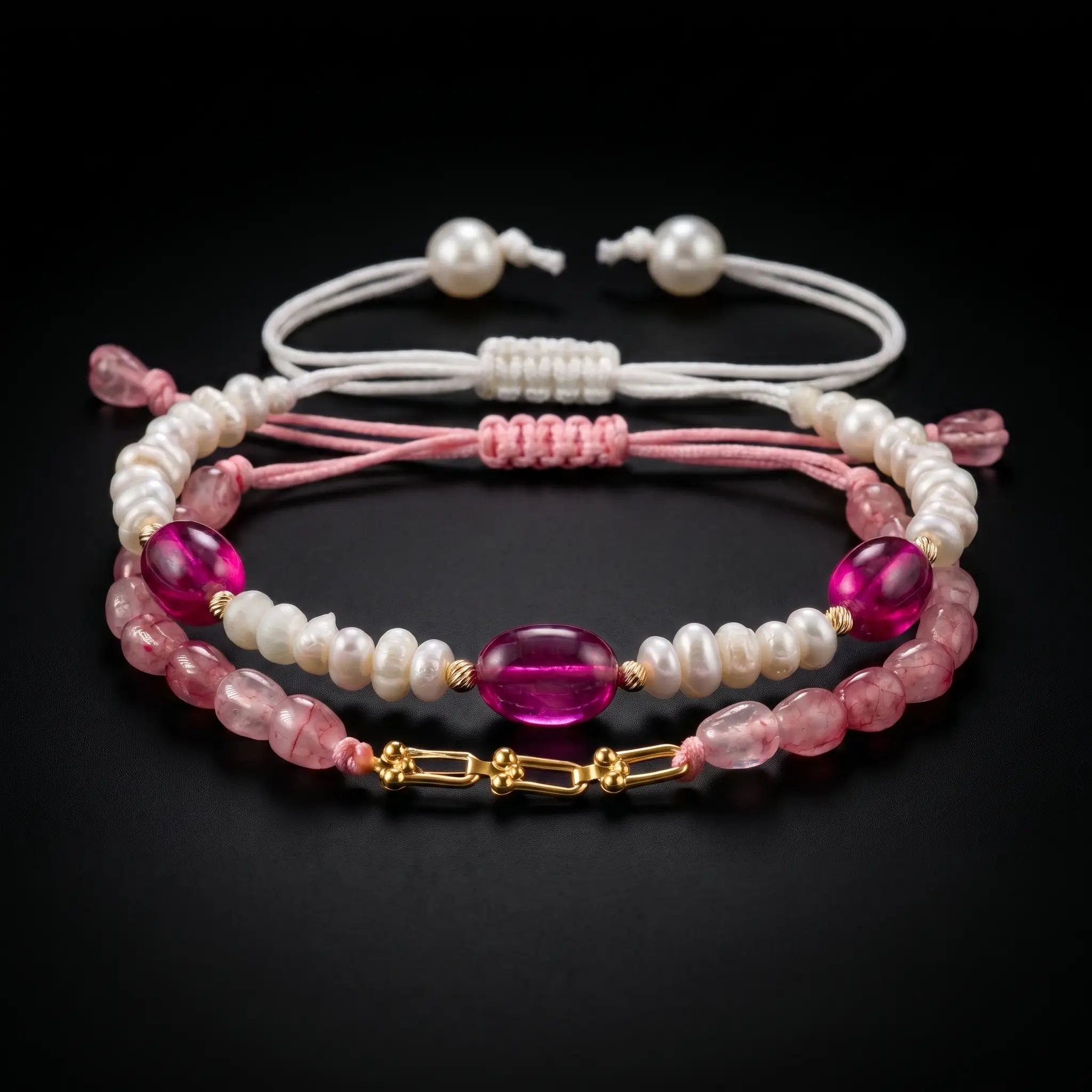 Duo de bracelets ajustables en macramé rose et blanc avec véritables perles d'eau douce, pierres de tourmaline rose et maillons en or 18K.