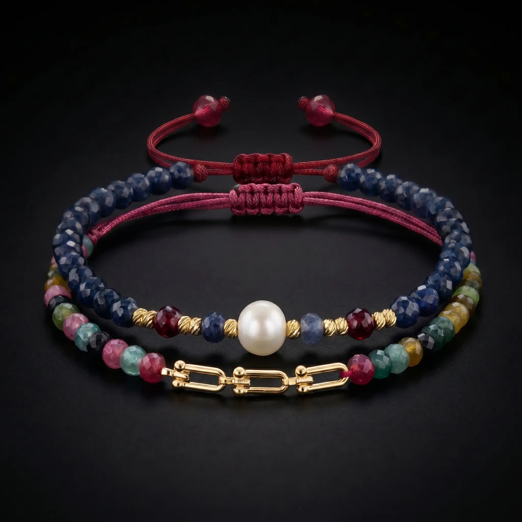 Duo de bracelets ajustables en macramé bordeaux avec détails en or 18K, perle de culture centrale, émeraude synthétique et tourmaline.