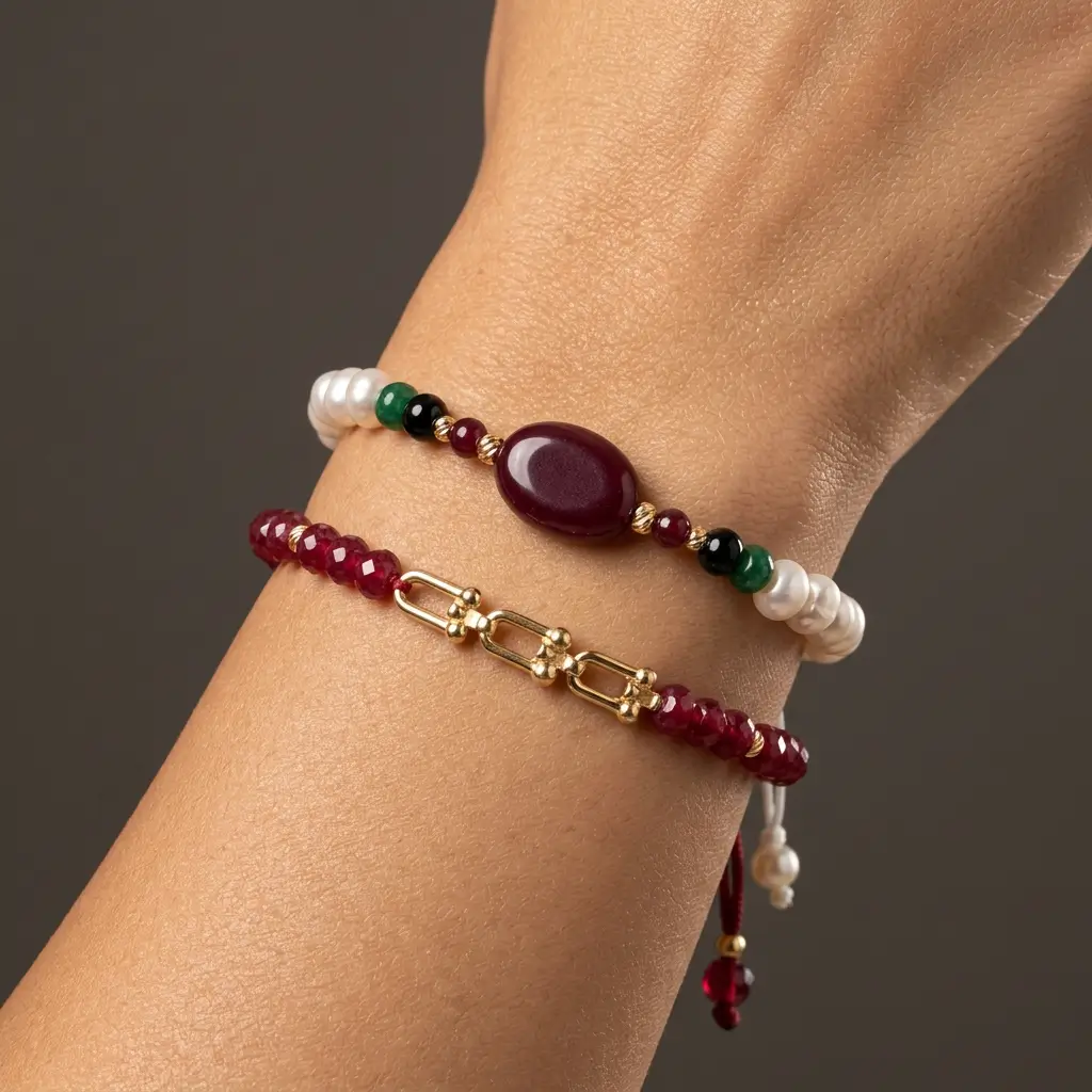 Duo de bracelets ajustables en macramé avec véritables perles d'eau douce, émeraude synthétique, pierres rouges et finitions en or 18K dans un écrin noir.