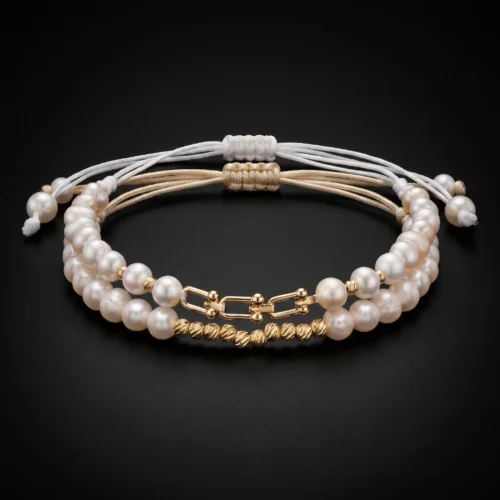 Duo de bracelets ajustables en cordons beige et blanc avec véritables perles d'eau douce et finitions géométriques en or 18K.