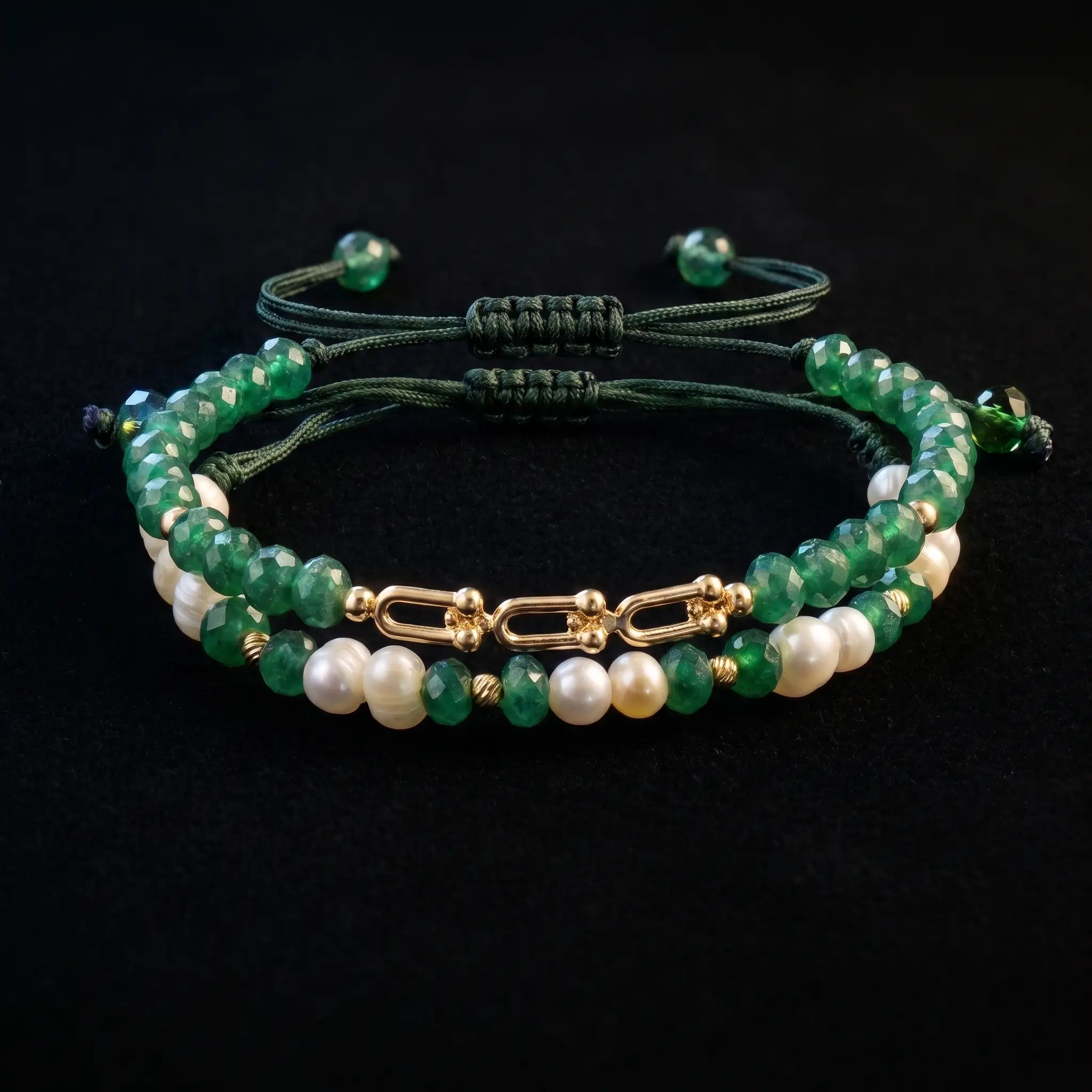 Duo de bracelets ajustables en macramé vert foncé ornés de véritables perles d'eau douce, de pierres vertes facettées et de finitions géométriques en or 18K, présentés dans un écrin noir.