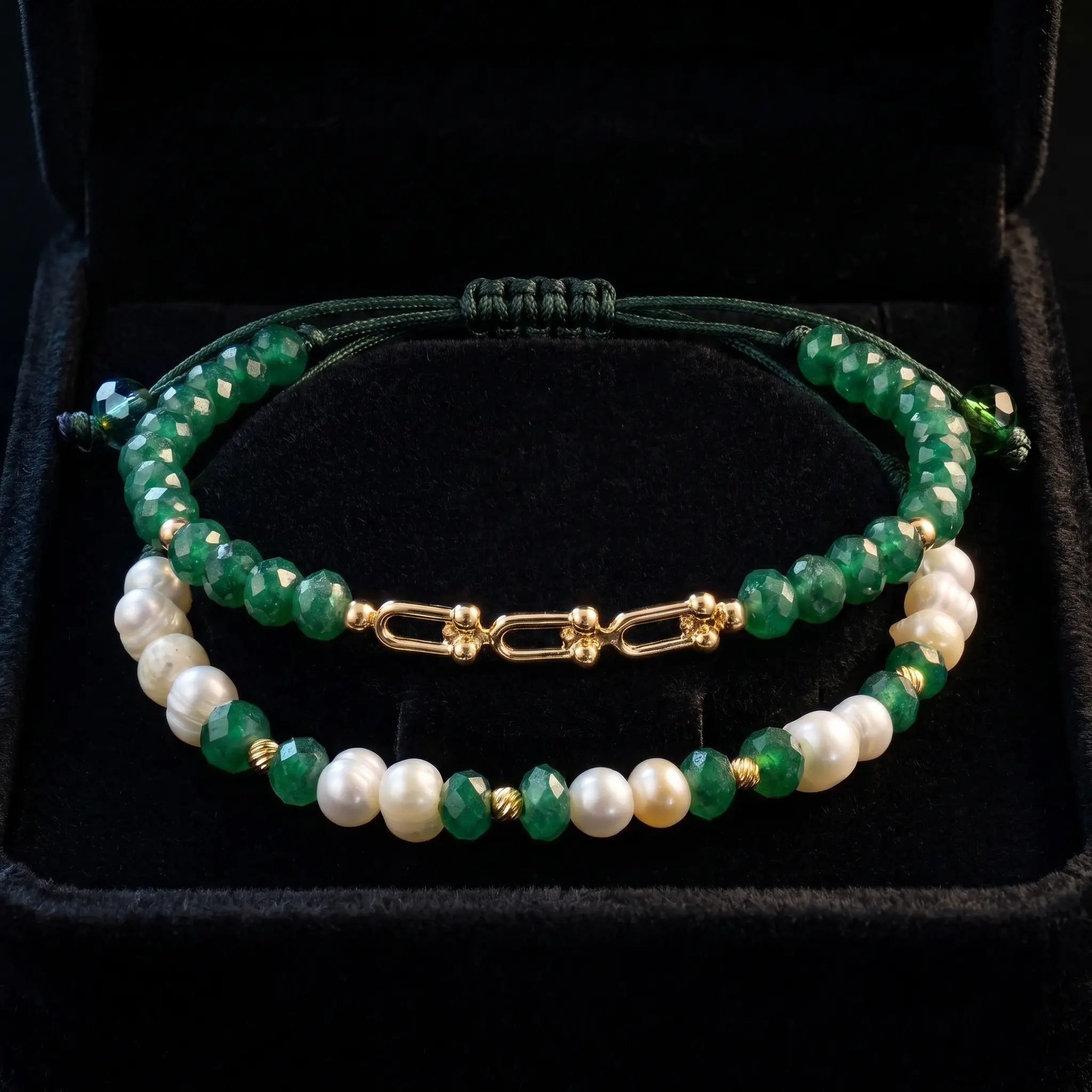 Duo de bracelets ajustables en macramé vert foncé ornés de véritables perles d'eau douce, de pierres vertes facettées et de finitions géométriques en or 18K, présentés dans un écrin noir.